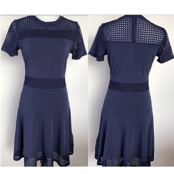 MICHAEL Michael Kors Lace Mesh Fit & Flare Dress Navy Short Sleeves Mini Dress S - Picture 5 of 16